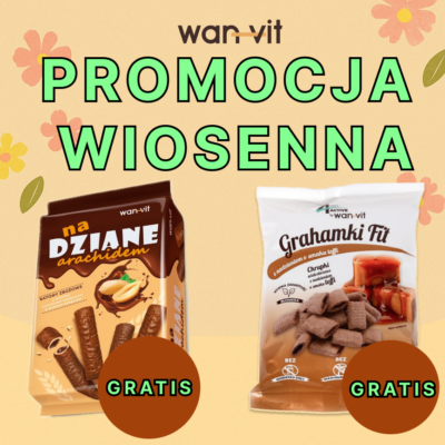 Plakat promocyjny wiosennej wyprzedaży Wan-Vit z przysmakami dla zwierząt. Na górze plakatu znajdują się dwa opakowania przysmaków Wan-Vit, a po prawej stronie torebka Grahamki Fit. Tekst w języku polskim informuje o wiosennej promocji: zamów zestaw 3 kg składający się z 2 kg Grahamków i 1 kg dowolnych chrupiących przysmaków lub paluszków, a otrzymasz 100 g Grahamków Fit za 1 grosz gratis. Promocja ważna do końca czerwca. Tło jest jasnobeżowe z ilustracjami kwiatów.